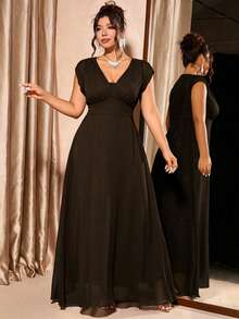 Elenzga Plus Size Women's V-Neck Short Sleeve Solid Color Elegant Maxi Dress For Party And Gathering - Brown - View 1