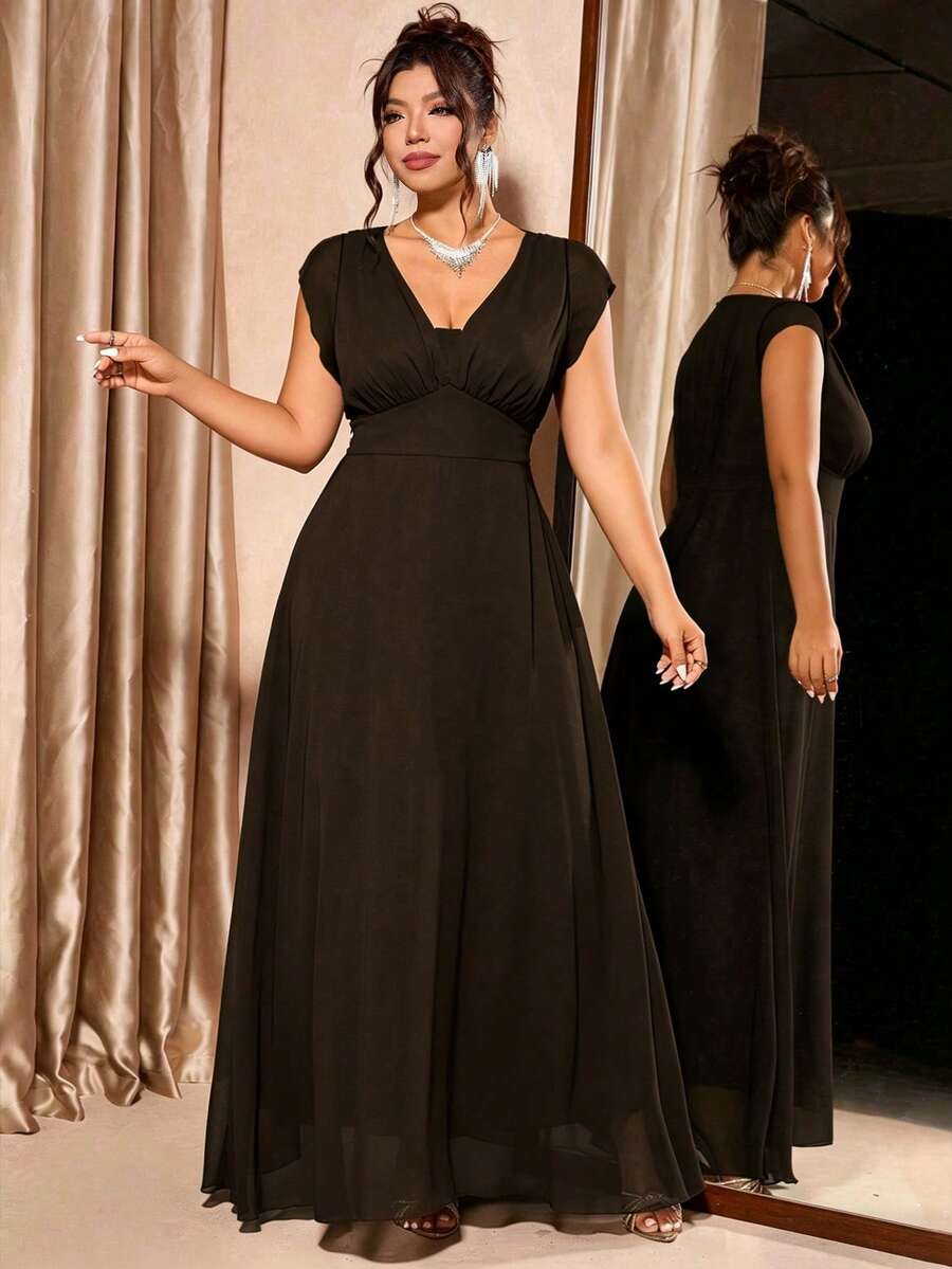 Elenzga Plus Size Women's V-Neck Short Sleeve Solid Color Elegant Maxi Dress For Party And Gathering - Brown - View 1