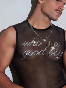 FeverCity Top casual transparente con letras y strass para hombre - Negro - Ver 4