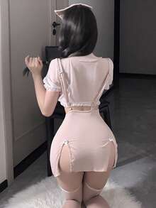 Dansine 2026春夏新款約會性感內衣 性感護士制服Cosplay緊身透視胸部不可拆卸睡衣套裝 - 粉色 - 查看 2