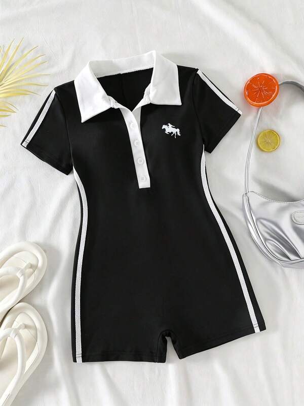 Girls Big Kids Casual Sports V-Neck Striped Black & White Colorblock Printed Jumpsuit, Suitable For Spring/Summer Daily Wear, Outings And Sports