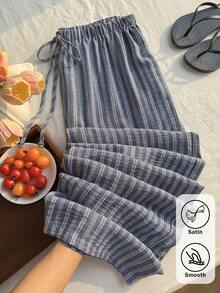 Comfortcana Textured Striped Drawstring Waist Comfortable Casual Business Casual Plus Size Pants Formal Vacation Dusty Blue Autumn Beach - Multicolor - View 9