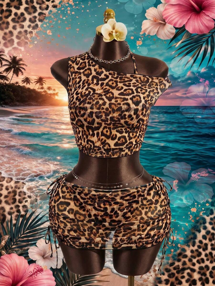 Zestiva 女士性感豹纹露背系带比基尼四件套,海滩度假 - 彩色 - 查看 1