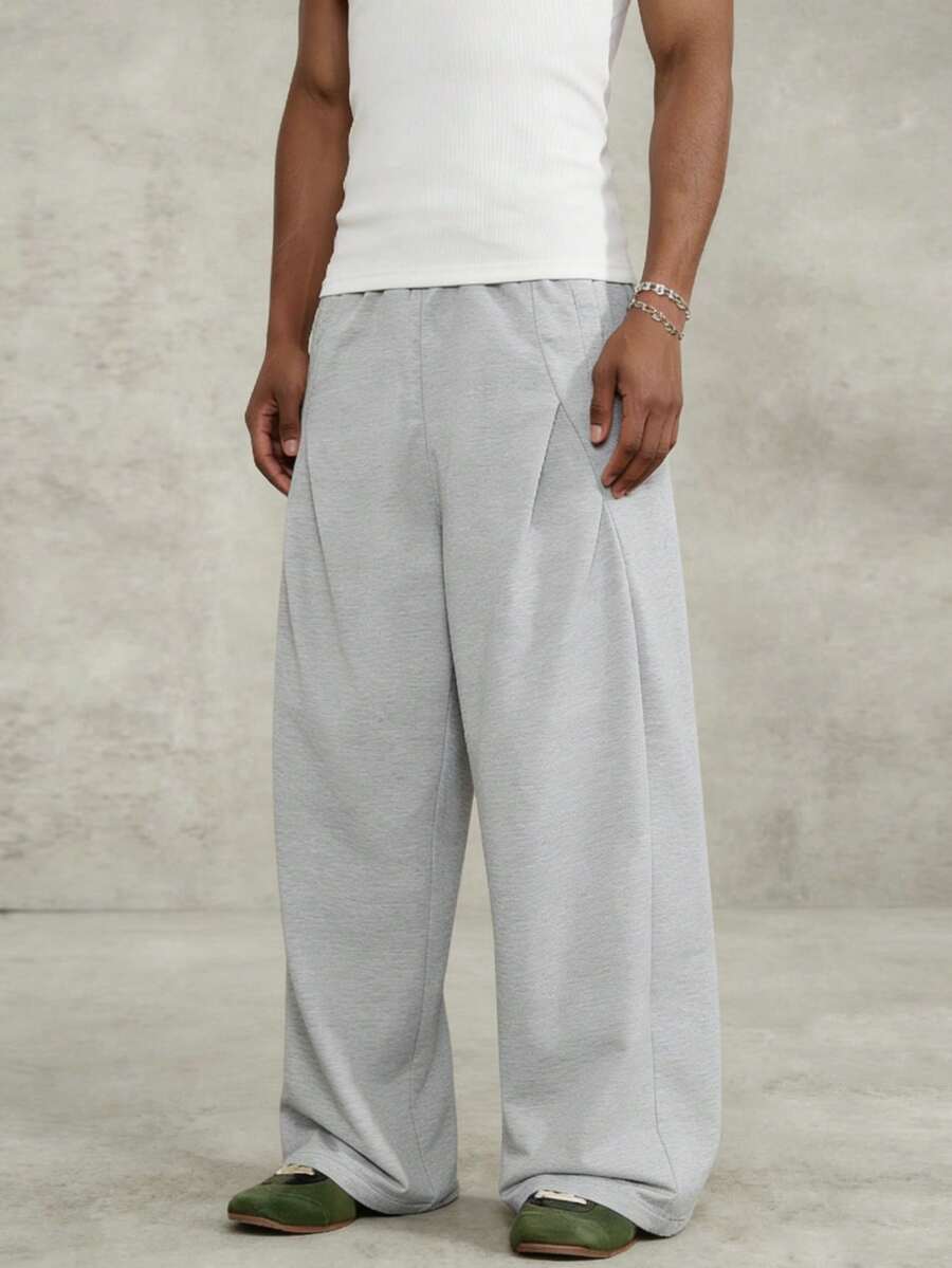 Manfinity Roghcode Men's Solid Color Elastic Waist Wide Leg Loose Casual Sweatpants - Grey - View 1