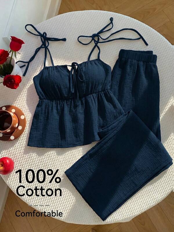 Comfortcana Plus Size 2 Pieces Set:Navy Blue Cotton Ruffle Camisole And Wide Leg Long Pants,Summer Smart Casual Everyday Holiday Vacation Style,Comfortable Outfit