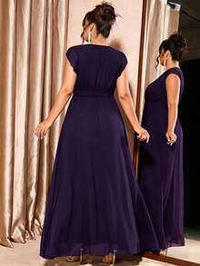 Elenzga Plus Size Women's Elegant Shirred Pleated Front Waist Gathered Design Cap Sleeve Dress - Purple - View 2