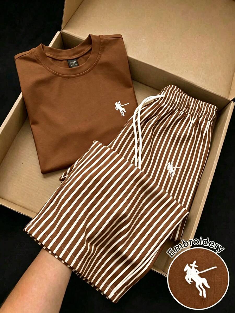 GlowEve Women's Summer Casual Gym Brown And White Polka Dot Embroidered Round Neck Short Sleeve Tight T-Shirt And Striped Print Drawstring Pants 2 Pieces Set - Multicolor - View 1