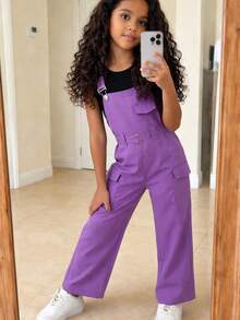 SHEIN Tween Girl Fashionable Workwear Style Overalls And Tank Top Two-Piece Set - Purple - View 3