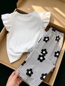 SHEIN 女童兩件套，針織紋理圓領短袖上衣與梭織印花直筒長褲，休閒度假風，適合春夏日常穿著與度假 - 彩色 - 查看 2