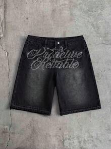FeverCity Men's Letter Rhinestone Pattern Pocket Button Casual Versatile Daily Travel Denim Shorts - Black - View 2