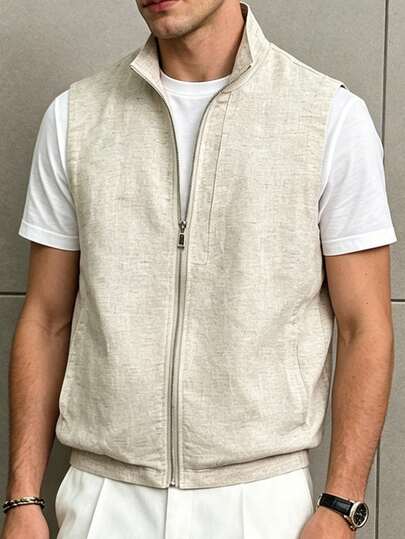 Airaco Old Money Style Linen Texture Vest Men's Stand Collar Zipper Sleeveless Jacket Business Casual Layering Essential