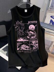 男孩針織簡約無袖背心，適合夏季，經典海灘圖案印花，粉色波浪圖案印花，適合度假 - 黑色 - 查看 2