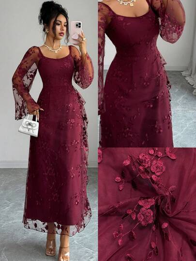 Modelyn Women's Embroidered Floral Elegant Party Dress With 3D Floral Bell Sleeves, Cinched Waist Tailored High-End Long Dress
