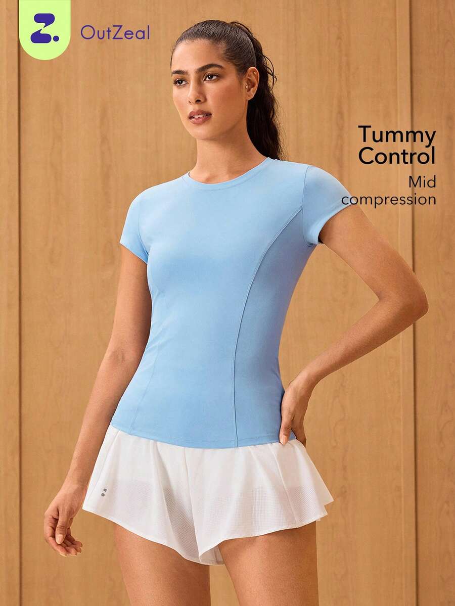 OutZeal 女款健身上衣 運動瑜伽網球休閒 T-shirt 收腹快乾修身短袖上衣 - 淺藍色 - 查看 1
