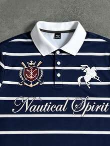 Manfinity Roghcode 男士字母騎士印花條紋休閒百搭日常短袖 Polo 衫 - 藏蓝色 - 查看 3