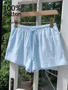 Comfortcana Plus Size Casual Loose Light Blue Drawstring Shorts, Spring/Summer Comfortable Cotton Drawstring Shorts - Baby Blue - View 6