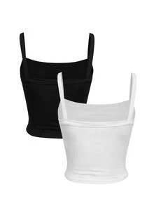 SHEIN Plus Size Women's American Style Hot Girl Knit Deep U-Neck Camisole Tank Top Casual Fitted Spaghetti Strap Top Black & White 2pcs Set - Black and White - View 2