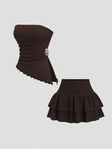 Sweetra Women's Solid Color Ruched Asymmetric Hem Crop Top And Mini Skirt Casual 2-Piece Set - Coffee Brown - View 1