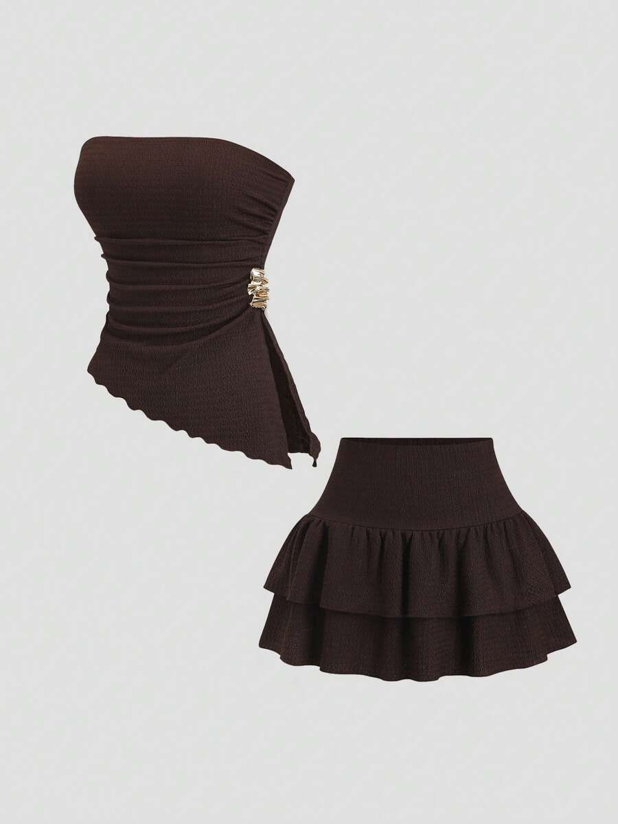 Sweetra Women's Solid Color Ruched Asymmetric Hem Crop Top And Mini Skirt Casual 2-Piece Set - Coffee Brown - View 1