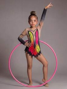 Young Girls' Patterned Gymnastics Leotard, Printed Design, High Elasticity Fabric, Team Competition, Individual Training - Multicolor - View 4