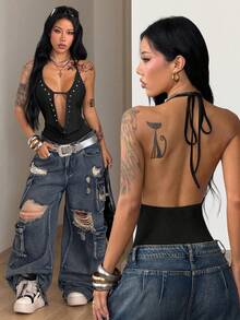 Coolane Women's Deep V Neck Halter Neck Spaghetti Strap Rivet Design Sexy One-Piece Bodysuit, Suitable For Casual, Vacation, Party - Black - View 3