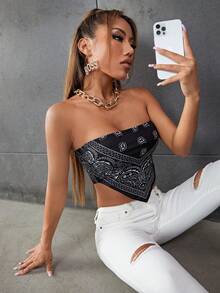 SHEIN Unity Paisley Print Tube Bandana Top - Black and White - View 5