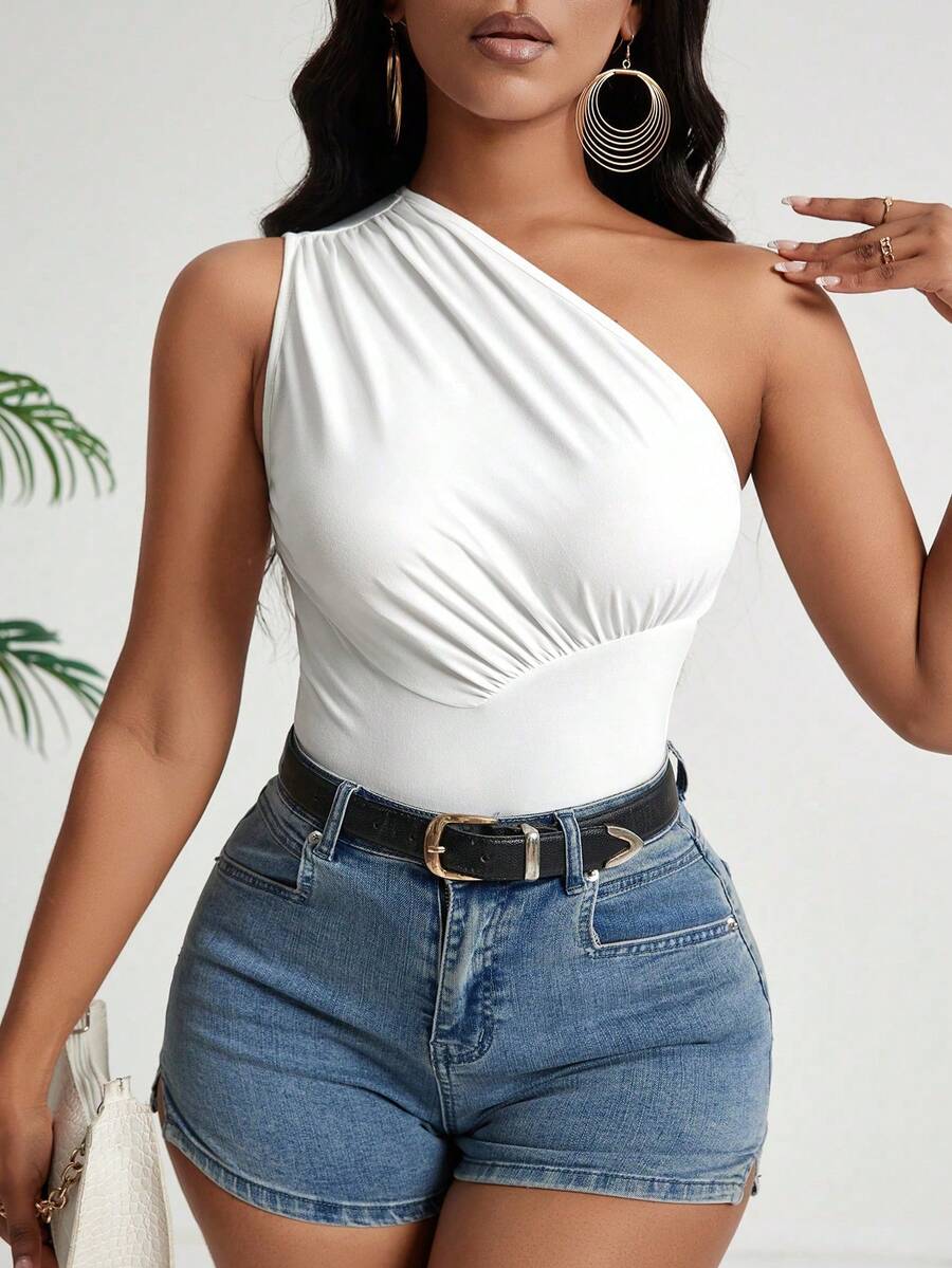 SHEIN PETITE 夏季休閒純色單肩無袖上衣 - 白色 - 查看 1