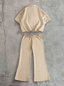 AXEPEAK Men's Solid Color Short Sleeve Shirt And Long Pants Set - Khaki - View 3