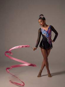 青少年女孩運動連身裙，黑色長袖圖案體操連身衣，Balletcore芭蕾女孩風藝術體操裙，專業競賽級，高端水鑽印花網布拼接四向高彈裸感連身衣，舞台表演藝術服裝，團體競賽，日常訓練穿著 - 彩色 - 查看 5
