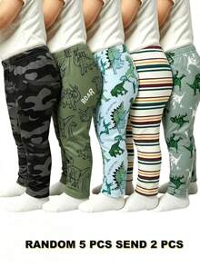隨機 5 件發 2 件，新款可愛舒適簡約軟綿休閒恐龍印花迷彩男童長褲，日常長褲，男孩喜歡的圖案禮物 - 彩色 - 查看 3