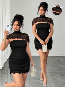 SHEIN Clasi Plus Size Women's Spring Summer Detachable Collar Lace Splicing Stand Collar Slim Dress Suitable For Cocktail Sexy Formal Elegant Black - Black - View 3