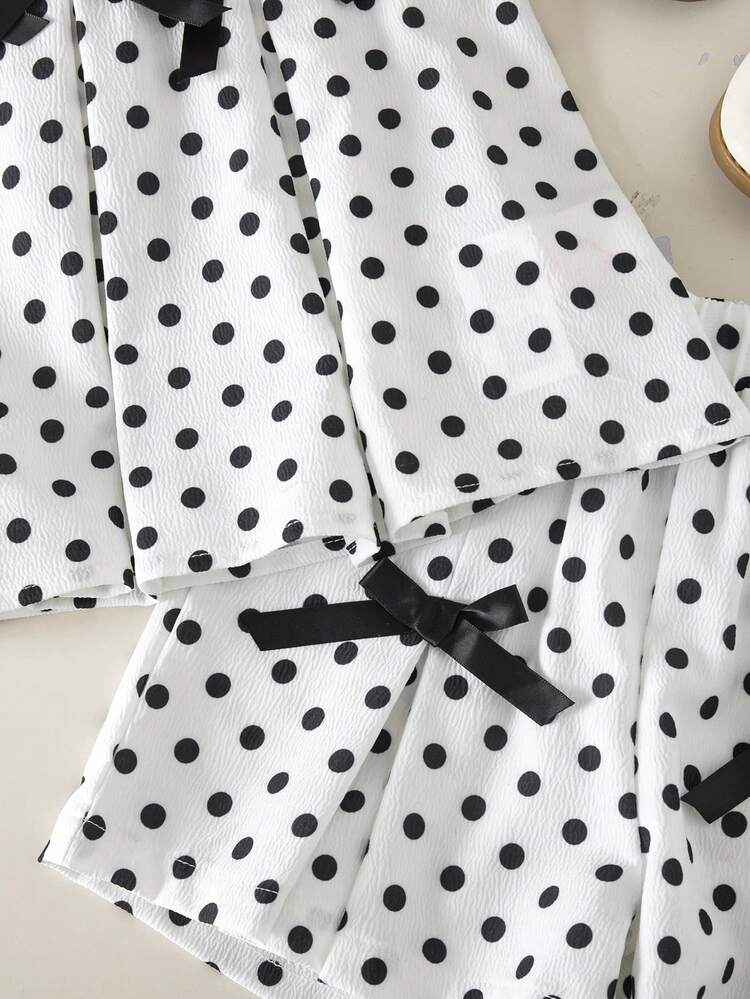 SHEIN Elladie kids 女童波點印花百褶可愛3D蝴蝶結背心與時尚寬鬆短褲套裝，適合日常休閒通勤，極簡時尚穿搭 - 黑與白 - 查看 4