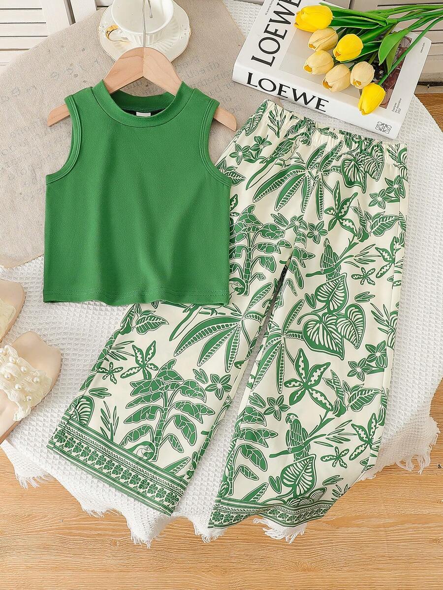 SHEIN 女童2件套，荷葉袖背心上衣搭配鬆緊腰直筒寬鬆長褲，適合夏季度假海灘玩耍與旅行 - 綠色 - 查看 1