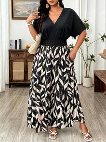 Weeklong Vestido casual elegante de uso diario para mujer talla grande, primavera/verano, cuello en V, estampado floral en forma de V, cintura ceñida, estilo largo acampanado, ropa de vacaciones - Multicolor - Ver 4