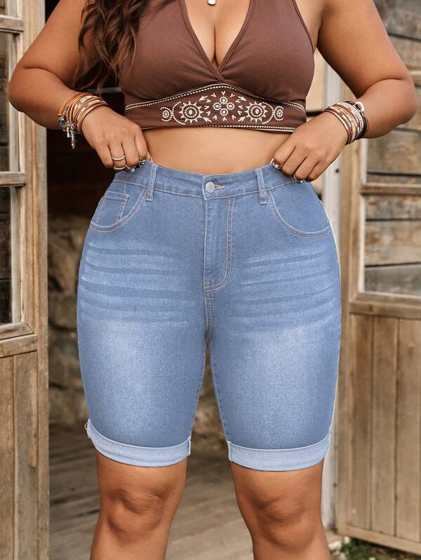 Breezaya Plus Size Women's Summer Dark Wash Casual Skinny Denim Shorts