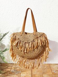 SHECARRY Bolsa Tote Casual de Palha Trançada Khaki para Mulheres, Estilo de Design, Leve e de Grande Capacidade, Bolsa de Ombro com Franjas, Adequada para Compras, Festas, Férias, Viagens, Praia, Beira-Mar - Caramelo - Visão 2