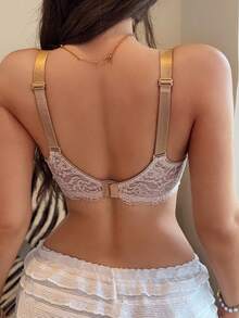 Napfluff Lace Patchwork Sheer Mesh Push-Up Bra With Bow Decor, Women's 1pc - Apricot - View 2