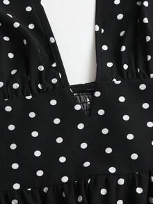 Sweetra Women's French Romantic Elegant Vintage Black Polka Dot Halter Neck Deep V-Neck Dress - Black - View 4