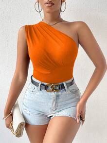 SHEIN PETITE 女款純色單肩抓皺修身百搭日常穿搭上衣 - 橘色 - 查看 7