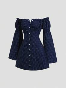 Sweetra New Polka Dot Long Sleeve Mini Dress, Designed Sleeves, Sweet And Fashionable, Suitable For Street Wear - Blue - View 7
