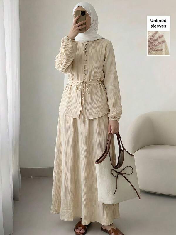 Solavon Women's Casual Solid Color Textured Long Sleeve Top And Skirt 2 Pieces Set,Unlined Sleeves, Autumn Modest Two Piece Linen Sets