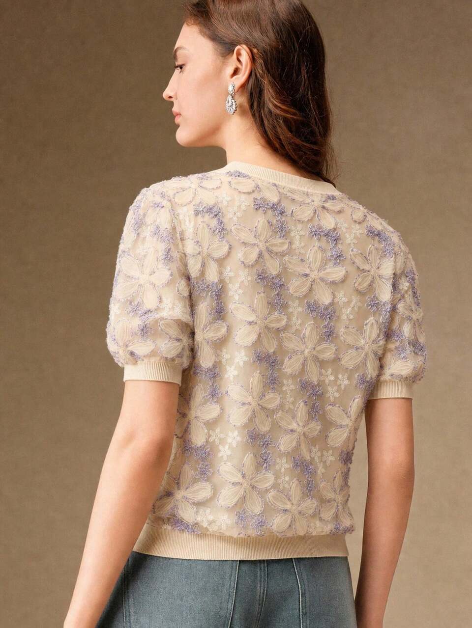 Elegant Party Mesh Knit Top, 3D Embroidery + Sequin Embellishment, Round Neck Puff Short Sleeve, Casual Summer Holiday Outfit Top