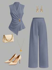 Franclia Women's Elegant 2026 Spring/Summer Asymmetric Sleeveless Ruched Metal Button Long Pants 2 Pieces Set - Grey - View 4