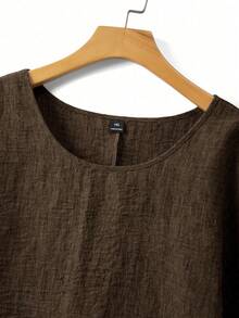 SHEIN Plus Size Women's Solid Color Round Neck Textured Casual Shirt - Brown - View 5