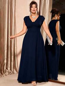 Elenzga Plus Size Women's Solid Color Pleated Evening Dress - Navy Blue - View 4