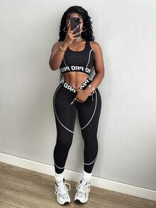 SHEIN Core Rhythm Women's Cropped Tank Top & Leggings Sports Set - Black and White - View 1