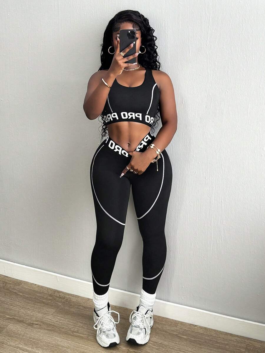SHEIN Core Rhythm Women's Cropped Tank Top & Leggings Sports Set - Black and White - View 1