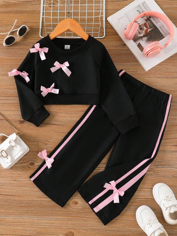 Genkimix Kids 2 Packs 4-7 Years Old Cute Girls Spring/Autumn Round Neck Long Sleeve Top With Bow Tie 3D Decoration Sporty Webbing Trim Long Pants School - Black - View 1