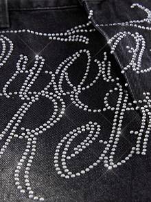 FeverCity Men's Letter Rhinestone Pattern Pocket Button Casual Versatile Daily Travel Denim Shorts - Black - View 5