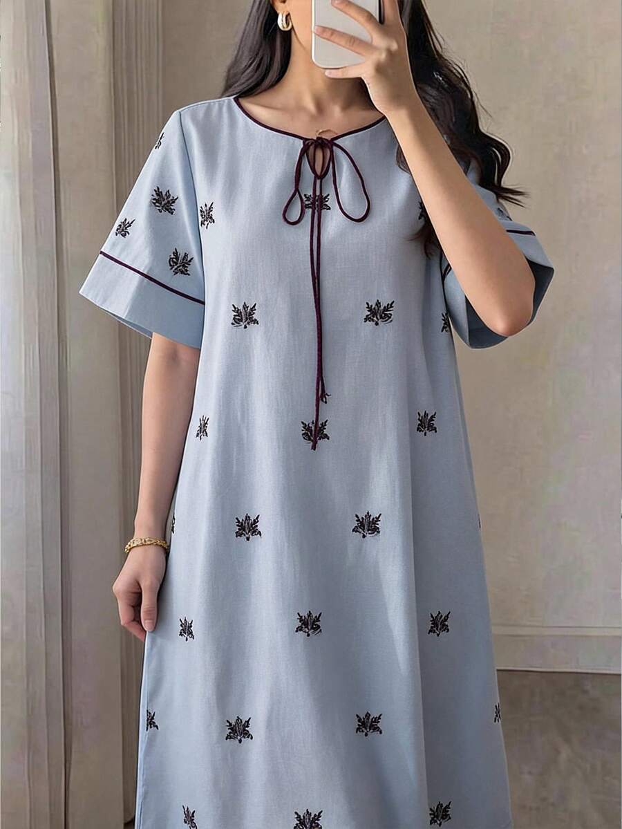Al Najma Gaun Pesta Kasual Wanita Motif Bordir Daun dengan Tali Pengikat Gaya Arab